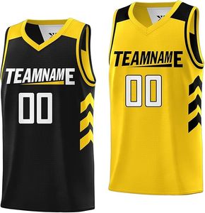 Maillot de basket personnalisé sublimé, col en V, sans manches, en mesh respirant, unisexe adulte, jaune et noir, avec nom d'équipe 00 - Product Image 1
