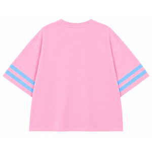 Camiseta de mujer Gamma Phi Delta con pedrería brillante, letras griegas, cuello redondo, manga a rayas, corte holgado y estampado gráfico, en rosa y azul - Product Image 4
