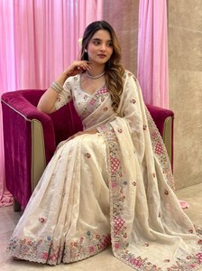 Heavy thread work saree Soft silk party wear saree Indian wedding saree set Designer embroidered saree - Product Image 2