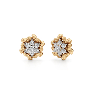 Pendientes Clásicos con Flores, Oro Sólido de 18K, Corte Brillante Redondo, Engaste de Diamantes, para Uso Diario de Mujeres - Product Image 1