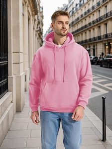 Sudadera con Capucha Rosa Sólida para Hombre, Corte Holgado, Cuello Redondo, Estilo Urbano Otoñal - Product Image 5
