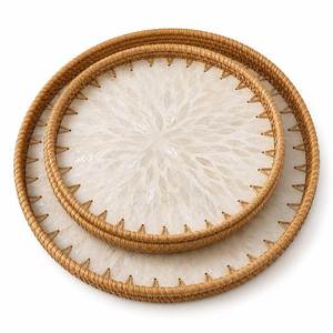 Plateau de service rond en rotin bohème avec incrustation de nacre, tressé à la main, motif floral, pour café, fruits, salle de bain, coiffeuse - Product Image 2