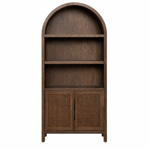 <b>Solid</b> Teak <b>Wood</b> <b>Bookcase</b> Arched Dome Bookshelf with Woven Rattan Lower Storage Cabinet - Product Image 1