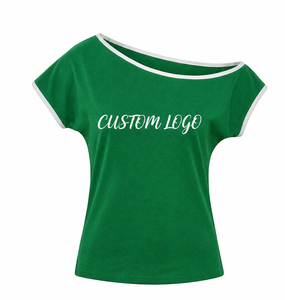 Women's Off-Shoulder Short Sleeve T-Shirt Solid Green Knitted Cotton Casual Breathable Logo Print Spring Summer <b>Top</b> - Product Image 3
