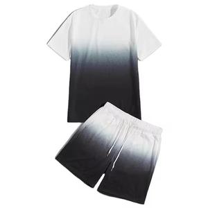 Ensemble t-shirt et short décontracté pour homme, été, dégradé de couleurs, respirant, tricoté, col rond, blanc à noir, design ombré - Product Image 2