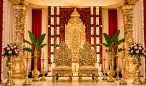 Grandioso Mandapam Dorado Manavarai para Ceremonia de Boda Tamil, Decoración de Lujo con Kalyanam Dorado Tallado en Fibra para Grandes Eventos - Product Image 4
