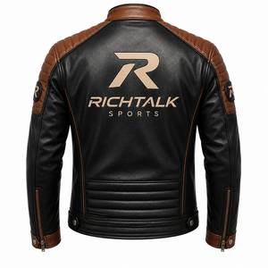 Chaqueta de Motociclista de Cuero Negra y Marrón para Hombre, Cuello Alto, Cierre de Cremallera, Estilo Motero, Diseño con Bloques de Color - Product Image 2