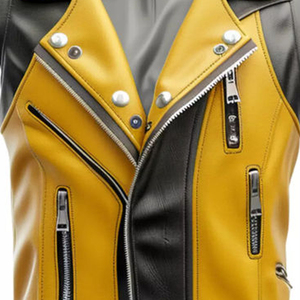 Chaleco de Moto Personalizado para Hombre en Cuero PU, Color Amarillo y Negro con Bloques de Color, Cierre de Cremallera, Cuello Camisero, Sin Mangas, Estilo Otoñal - Product Image 5