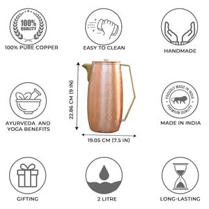 Carafe en cuivre pur avec couvercle, carafe ayurvédique pour le stockage de l'eau, vaisselle saine pour la maison, le yoga et le bien-être - Product Image 3