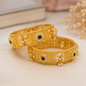 925 Silver Antique Bangles Traditional Stone Pearl Designer <b>Kada</b> Set for Women Wedding Jewelry - Product Image 3