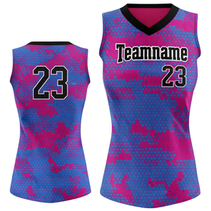 Maillot de softball sans manches à sublimation intégrale, motif hexagonal rose et bleu, col en V, uniforme d'équipe personnalisé avec numéro au dos - Product Image 1
