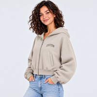 Hoodie court personnalisé pour femme, beige, zippé, coupe courte, épaules tombantes, en polaire, style minimaliste