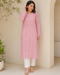Kurta Recta de Algodón Rosa Bordada para Mujer, Ropa Étnica Elegante de Manga Larga, Compre Directamente del Proveedor - Product Image 1
