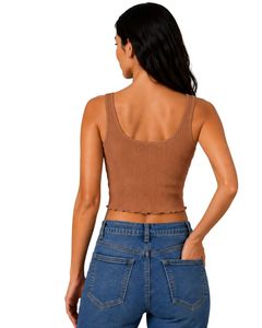 Top corto acanalado marrón para mujer, sin mangas, cuello cuadrado, ajuste ceñido, de punto de algodón elástico, estilo casual de verano, chaleco personalizado para mujer - Product Image 2