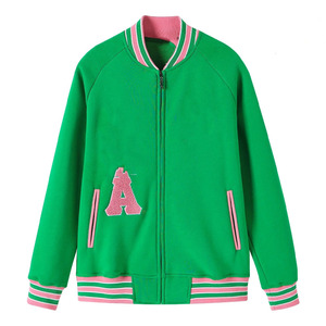 AKA Green Fleece Letterman Jacket Unisex Pink Chenille Embroidery Greek Letter Varsity Style Premium Cotton <b>Zip</b> <b>Up</b> Streetwear - Product Image 1