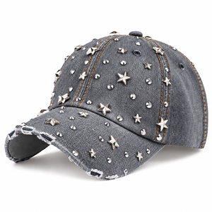 Casquette de baseball en jean vieilli personnalisée avec strass cloutés, ornée de cristaux scintillants, ajustable, vente en gros - Product Image 2
