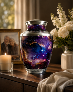 Urna de Latón Hecha a Mano Estilo Art Deco con Acabado de Terciopelo Grabado, Diseño Noche Estrellada, Forma Cilíndrica - 220 Pulgadas Cúbicas - Product Image 3