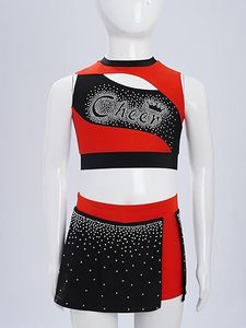 Ensemble deux pièces de cheerleading pour filles, noir et rose, avec strass, haut court et jupe plissée, tenue de danse et uniforme d'entraînement en Spandex et Nylon - Product Image 5