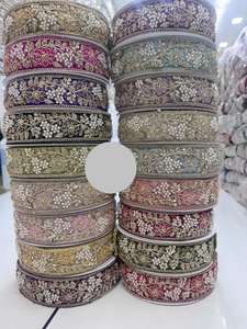 Luxury Traditional Floral Embroidered Eco-Friendly <b>Lace</b> Trim Zari Bead Work <b>Red</b> Fabric for Bridal Wear Sarees Couture Garments - Product Image 4