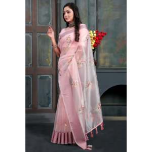 Sari de soirée à silhouette droite avec broderie multicolore, imprimé floral, en tissu organza et taille naturelle - Product Image 1