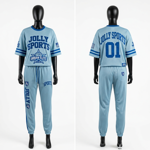 Conjunto deportivo de malla para mujer, tejido ligero de poliéster GSM, jersey azul claro y pantalones jogger con puños acanalados, logotipo estampado. Conjuntos para mujer. - Product Image 1