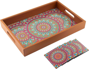 Bandeja de Madera MDF Hecha a Mano de 10 x 15 Pulgadas con 4 Posavasos Gratis, Bandeja Decorativa Pintada a Mano - Product Image 2