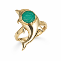 Bague Dauphin Chrétienne en Laiton avec Pierre Précieuse Moku Jewellery, Amazonite Verte Sertie en Bezel, Plaqué Or 18K, Réglable, Glamour, Inspirée de l'Océan