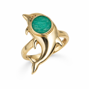 Bague Moku en laiton avec pierre précieuse, motif dauphin, amazonite verte, sertie clos, électroplaquée, ajustable, style glamour inspiré de l'océan - Product Image 1