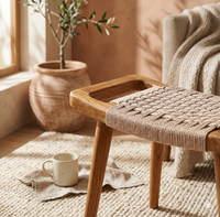 Tabouret Minimaliste en Bois de Teck et Corde Tressée, Repose-Pieds Moderne pour Intérieur/Extérieur, Pouf de Jardin, Chaise de Coiffeuse de Luxe pour Patio, Mobilier de Maison