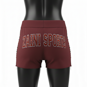 Shorts de mujer con tela elástica de poliéster y spandex premium, con pedrería y logotipo personalizado por transferencia térmica. - Product Image 2