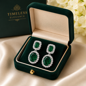 10K White Gold Emerald Cluster Drop <b>Earrings</b> | Oval Green Gemstone & Diamond Halo Jewelry | Elegant Women's <b>Fine</b> Jewelry Gift - Product Image 3