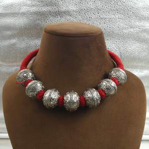 Handmade Oxidized <b>Silver</b> Beaded Statement Necklace, Green Thread Rope Chunky Tribal Necklace, Wholesale Bohemian Jewelry - Product Image 1