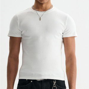 Camiseta de punto acanalado elástico de alto gramaje, ecológica, estilo urbano, corte holgado, largo regular, para hombre, nueva llegada - Product Image 1