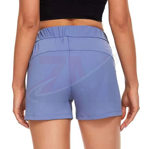 Shorts tricotés taille haute pour femmes, couleur unie, avec cordon de serrage, taille élastique, style sportif, violet, séchage rapide, poches - Product Image 3