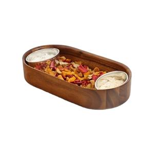 Vente chaude Plateau à copeaux et trempette en bois avec plateau à copeaux et trempette en bois avec bol en acier inoxydable Plateau de service ovale pour collations Dips - Product Image 1