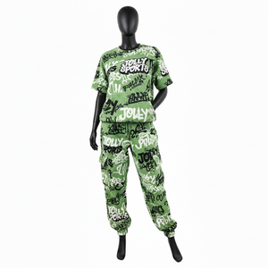 Conjunto de Pantalón y Camiseta de Felpa de Algodón y Poliéster de Primera Calidad, 220 GSM, para Mujer, Estampado de Grafiti Verde, Logotipo Personalizado - Product Image 1