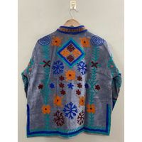 Veste en velours tricoté à la main avec broderie en coton, col mandarin, manches longues, motif floral, manteau d'hiver pour femmes