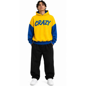 Sudadera con Capucha para Hombre, Diseño Color Block Amarillo y Azul, Estampado de Letras Divertidas, Estilo Casual para Otoño, Corte Regular, Material de Felpa - Product Image 3