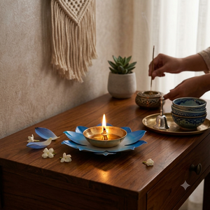 Handcrafted Azure Lotus Brass Diya Decorative Pure Lamp Traditional Indian Pooja Article Festival Home Decor Wholesale Suppliers - Product Image 3