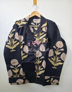 Premium Navy Blue Hand Block Printed Cotton Summer Night <b>Suit</b> Set Women Full-Sleeve Button-Down Shirt Straight-Fit <b>Pyjamas</b> - Product Image 5