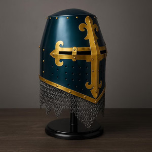 Casco de Caballero Templario Medieval con Cruz Roja, Armadura con Cadena Plateada y Forro de Cuero, Usable - Product Image 5