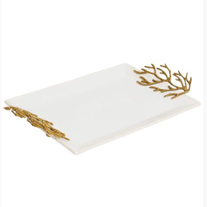 Plateau de service alimentaire en métal avec poignées latérales, décoration de table standard, texture embossée fabuleuse avec motif de branche feuillue - Product Image 6