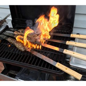 8-Piece Heavy-Duty Stainless Steel Flat Metal Skewers Wooden Handles 23\" X 5/8\" BBQ <b>Camping</b> Grills Set Camouflage Carry Bag - Product Image 3