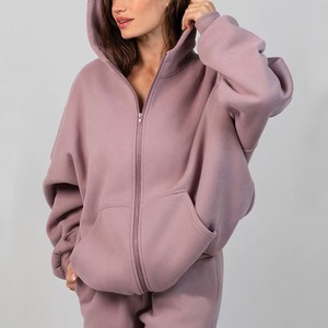 Ensemble de sweat-shirts à capuche surdimensionnés pour femmes, couleur unie, en polaire, manches longues, avec poches, pour l'automne, longueur normale, en coton tricoté - Product Image 1