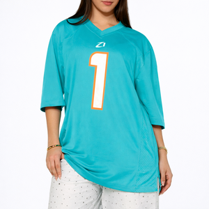 Maillot de football américain respirant en maille bleu sarcelle, col en V oversize, imprimé numéro, streetwear, chemise de sport bleu clair, fabricant OEM - Product Image 4