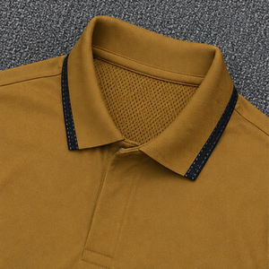 Polo à manches courtes pour homme, couleur unie, séchage rapide, tricoté, style décontracté, jaune moutarde avec empiècements latéraux marine - Product Image 3