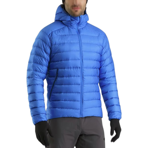 Veste matelassée à capuche bleue pour homme avec doublure verte, coupe-vent, hiver, décontractée, logo sur le devant, rembourrage en polyester, fermeture éclair - Product Image 6
