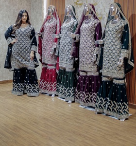 การเย็บปักถักร้อยด้านหน้าและด้านหลังแบบหรูหรา georgette gharara, หิน zarkan, dupatta หนักที่มีเส้นขอบ (ชุดขายส่ง5ชิ้น) - Product Image 1