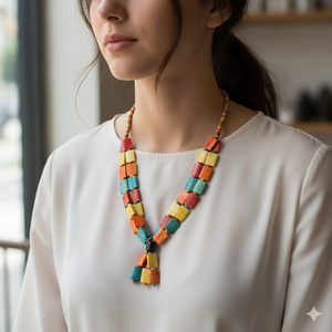 สร้อยคอทำมือจากกระดูกควายสามเส้น ดีไซน์ได้รับแรงบันดาลใจจากเวนิส พร้อมลวดลายเรขาคณิตสีสันสดใสและพู่ห้อยแสนเก๋ - Product Image 5