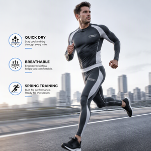Ensemble de vêtements de sport pour homme, comprenant un t-shirt de compression à manches longues et un legging long, avec blocs de couleur, séchage rapide, couche de base athlétique - Product Image 5